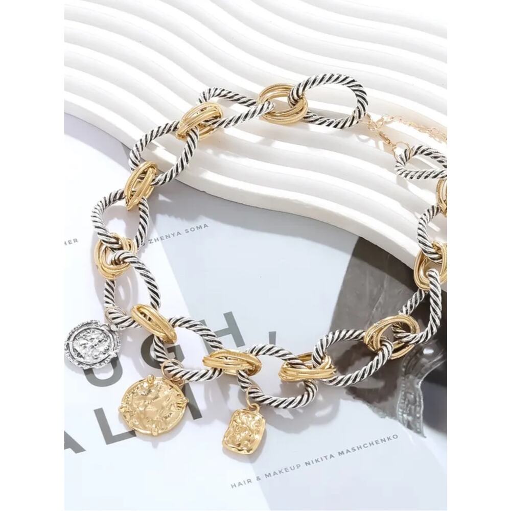 Zara Stainless Steel Two Tone Coin Statement Necklace Chunky Vintage Luxe Boho - Picture 15 of 15